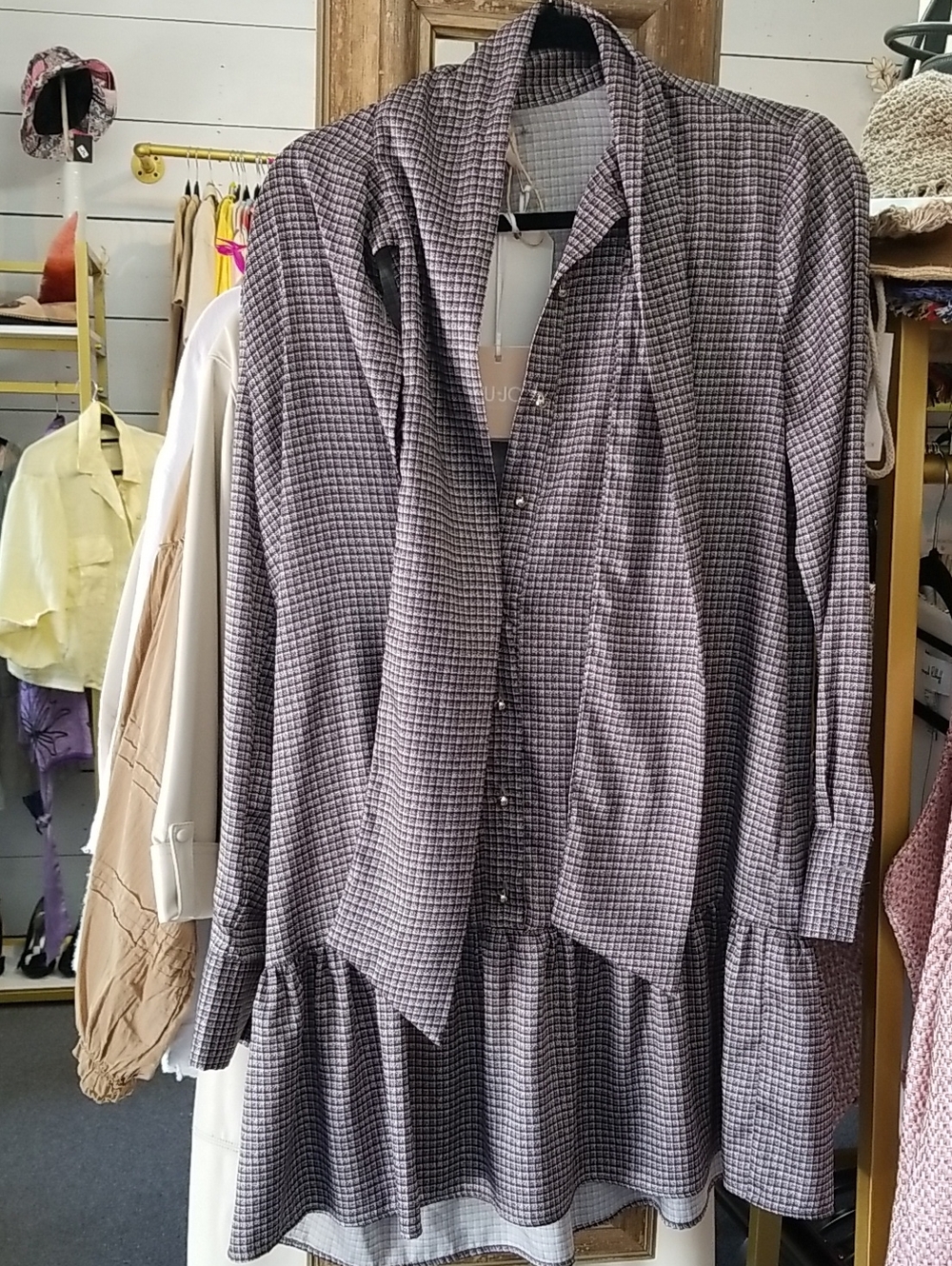 Liu Jo Gray Plaid Button-Front Tunic with Scarf Detail